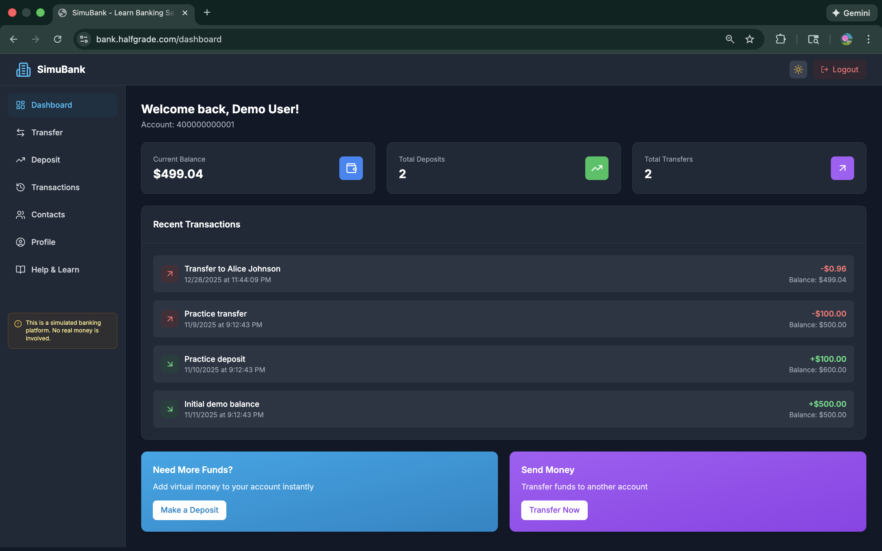SimuBank Personal Dashboard