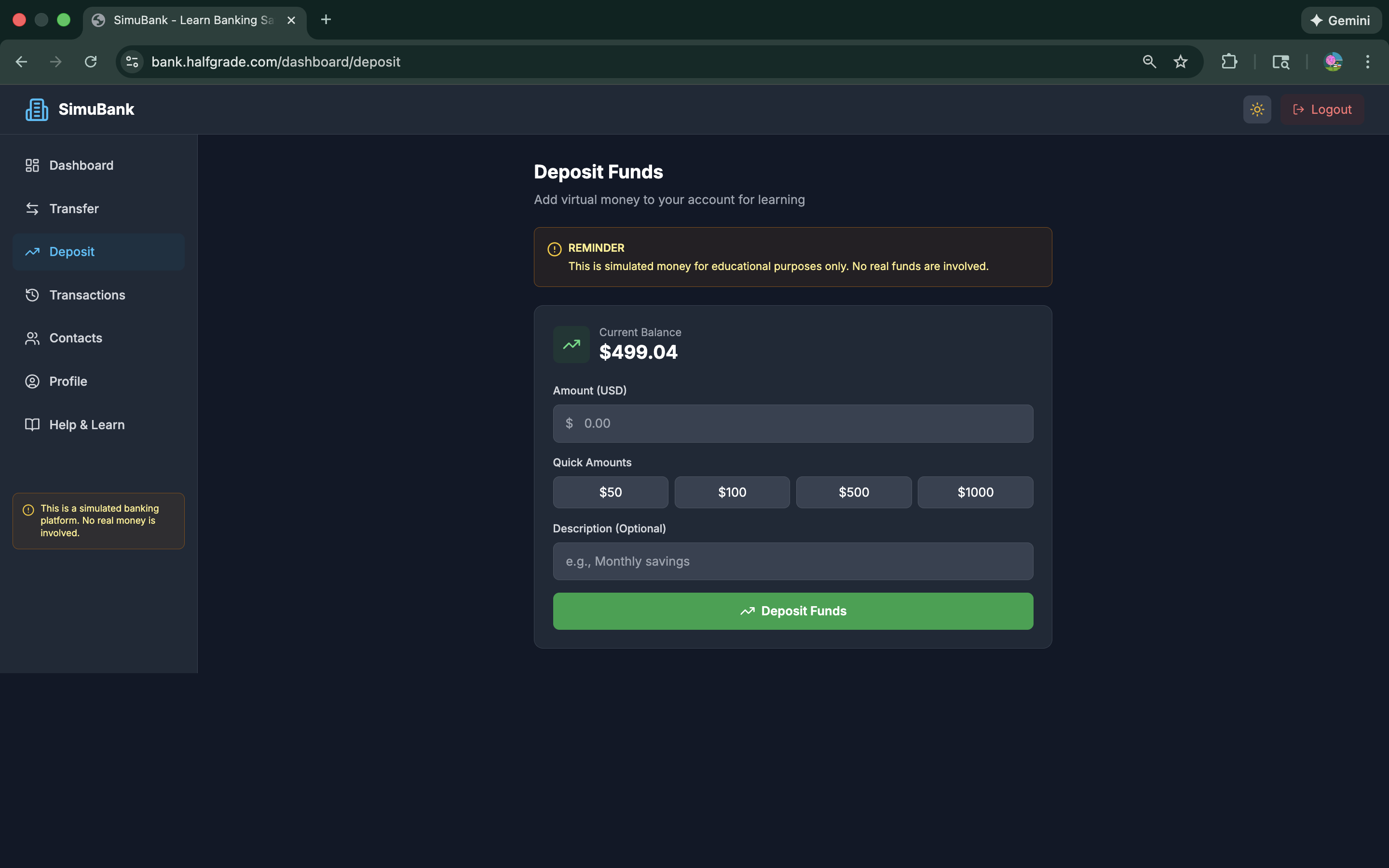 SimuBank Deposit Interface