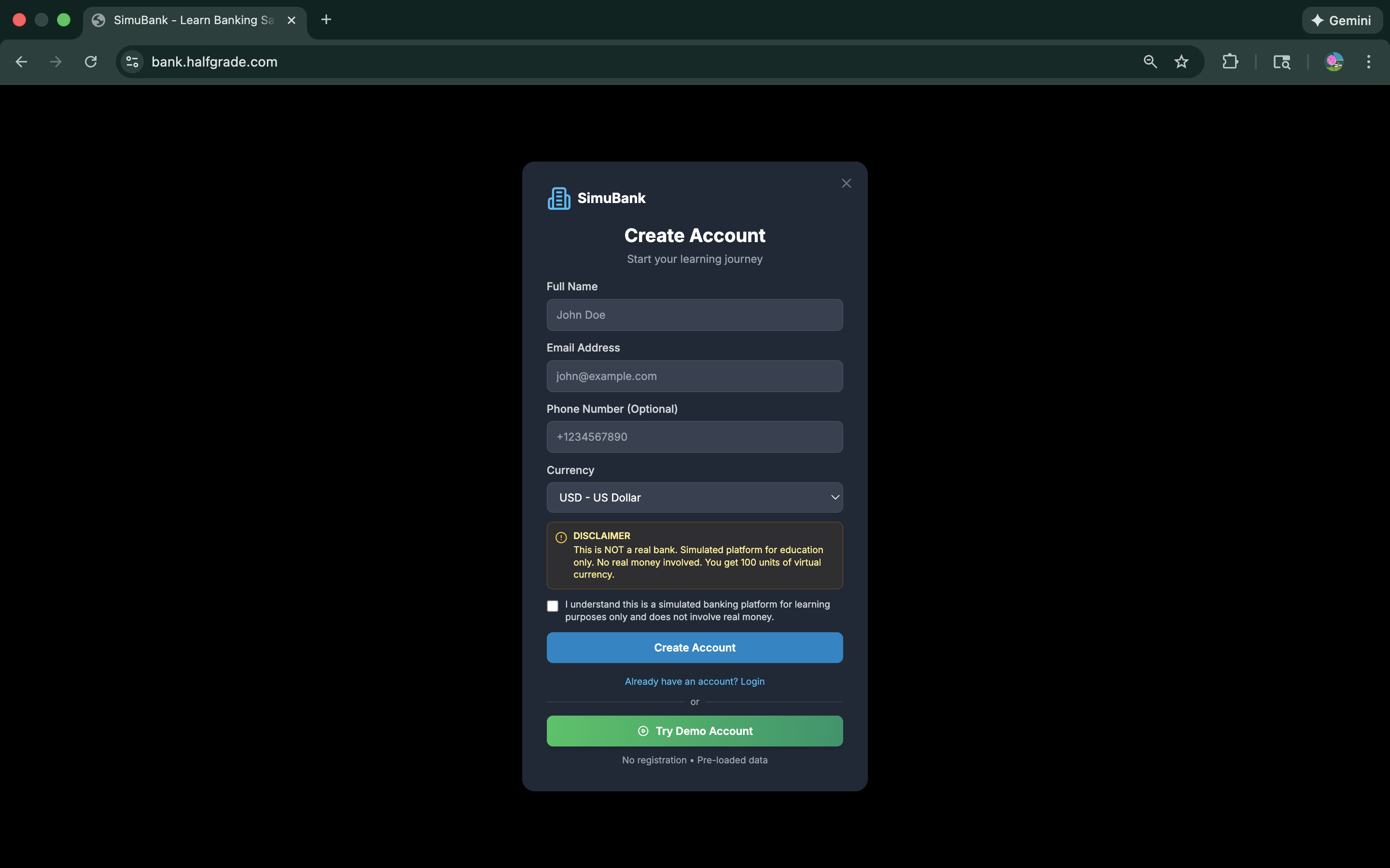 SimuBank Login Interface