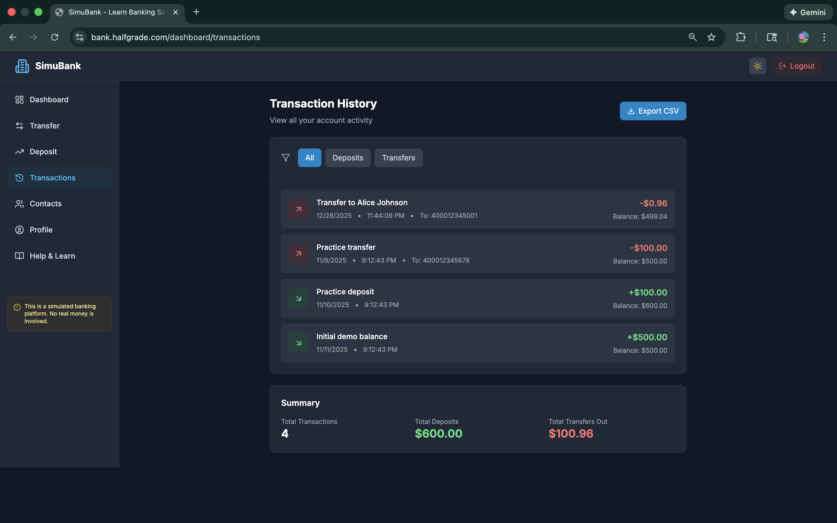 SimuBank Transaction History