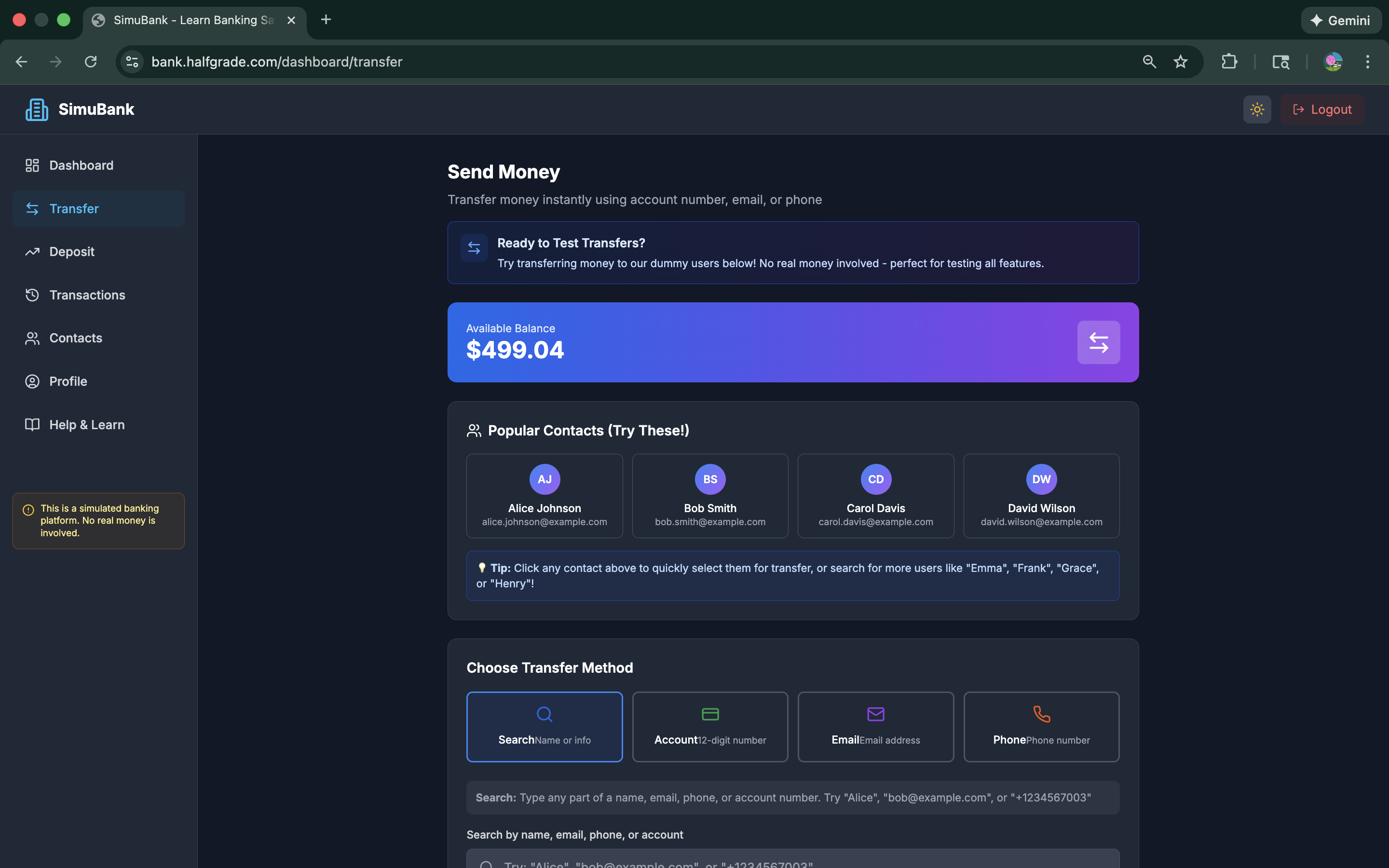 SimuBank Fund Transfer Interface